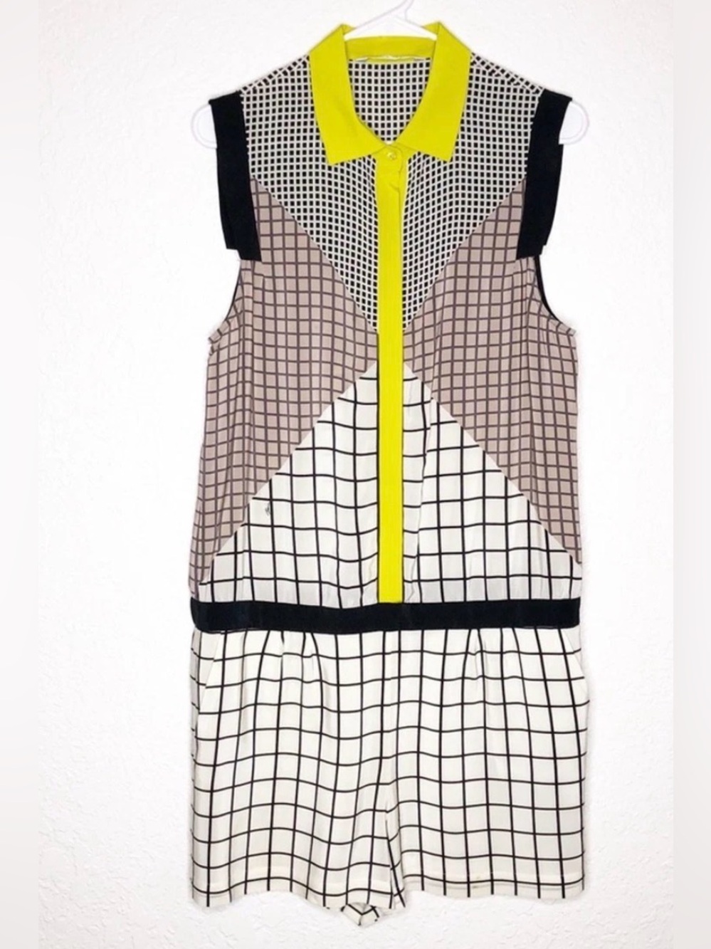 Trina Turk Black, White, Taupe and Yellow Geometric Sleeveless Romper